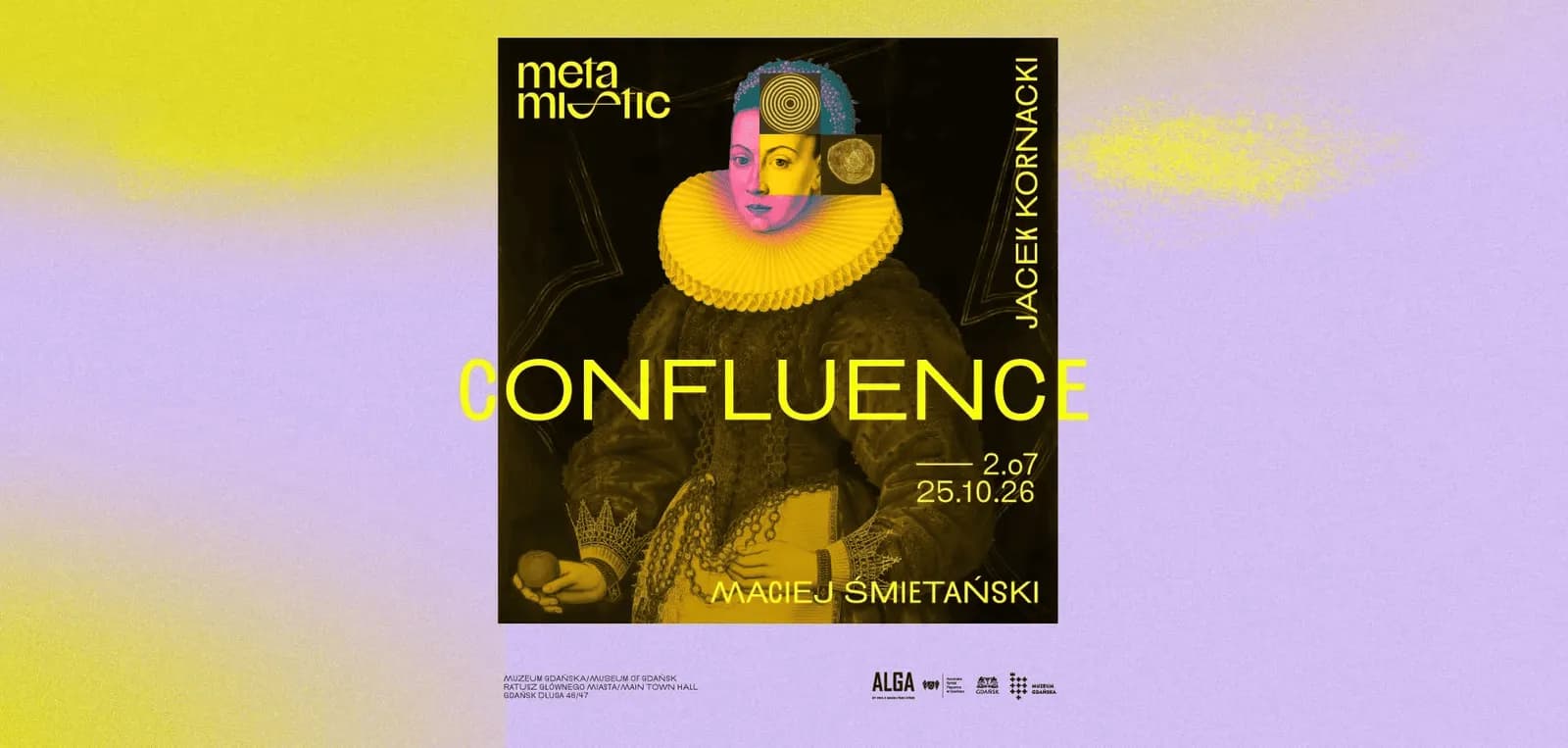 A distorted renaissance portrait with a yellow ruffled collar, a pink and yellow face, and a blue spiral-patterned hairstyle, with the word "CONFLUENCE" overlaid in yellow.