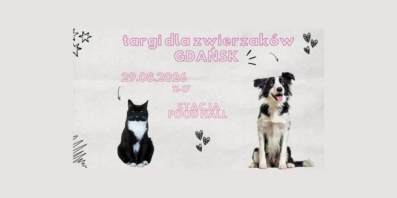 A black and white cat sits next to a black and white border collie dog, advertising a pet fair in Gdansk, Poland, on August 29, 2026, from 11-17 at Stacja Food Hall.