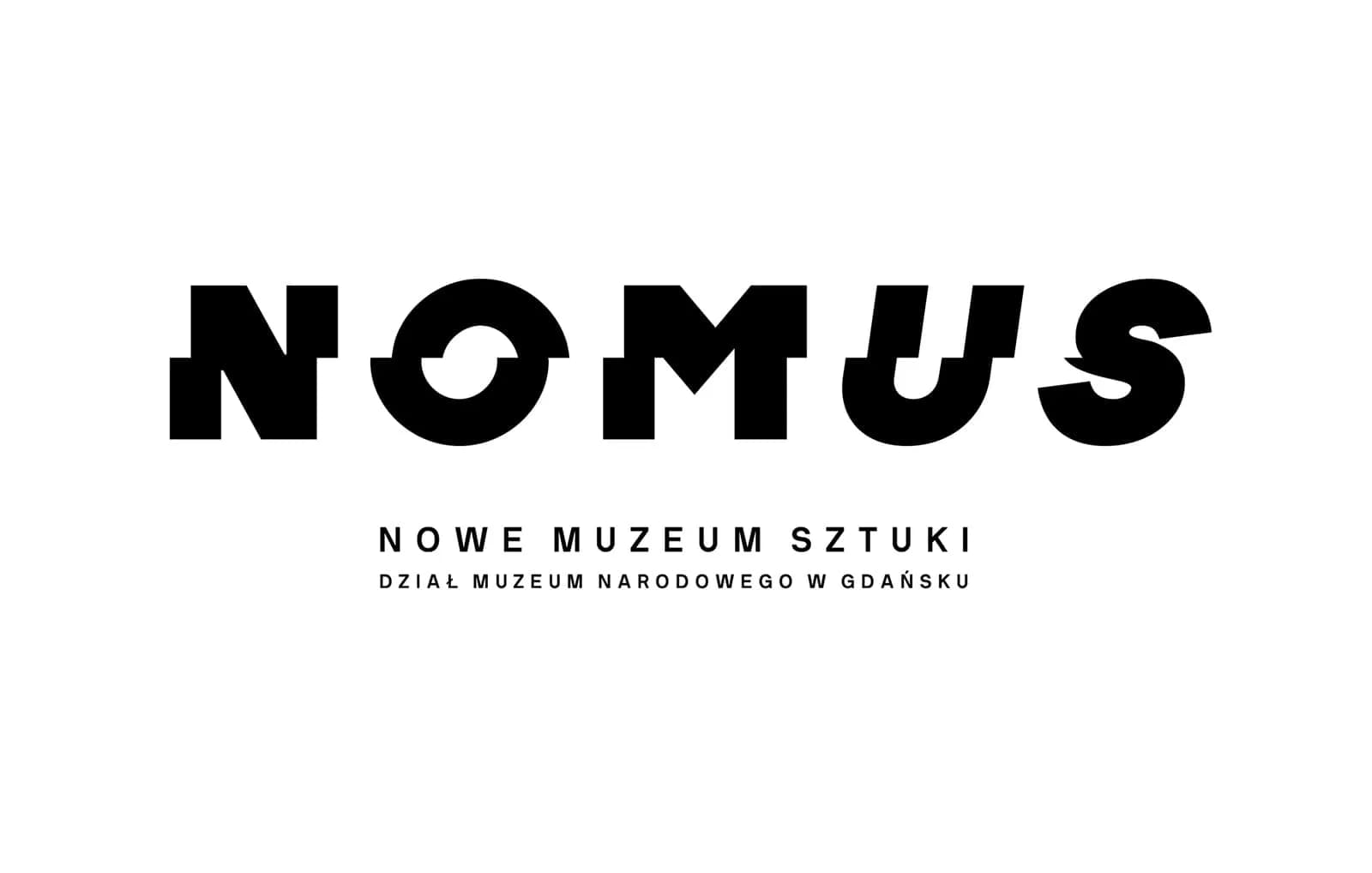 A black logo on a white background, featuring the word "NOMUS" in large, bold, stylized letters with fragmented sections, and smaller text below that reads "NOWE MUZEUM SZTUKI DZIAŁ MUZEUM NARODOWEGO W GDAŃSKU."